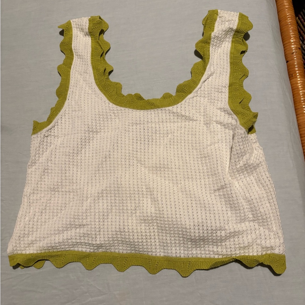 Maeve White and Green Scalloped Tank Top